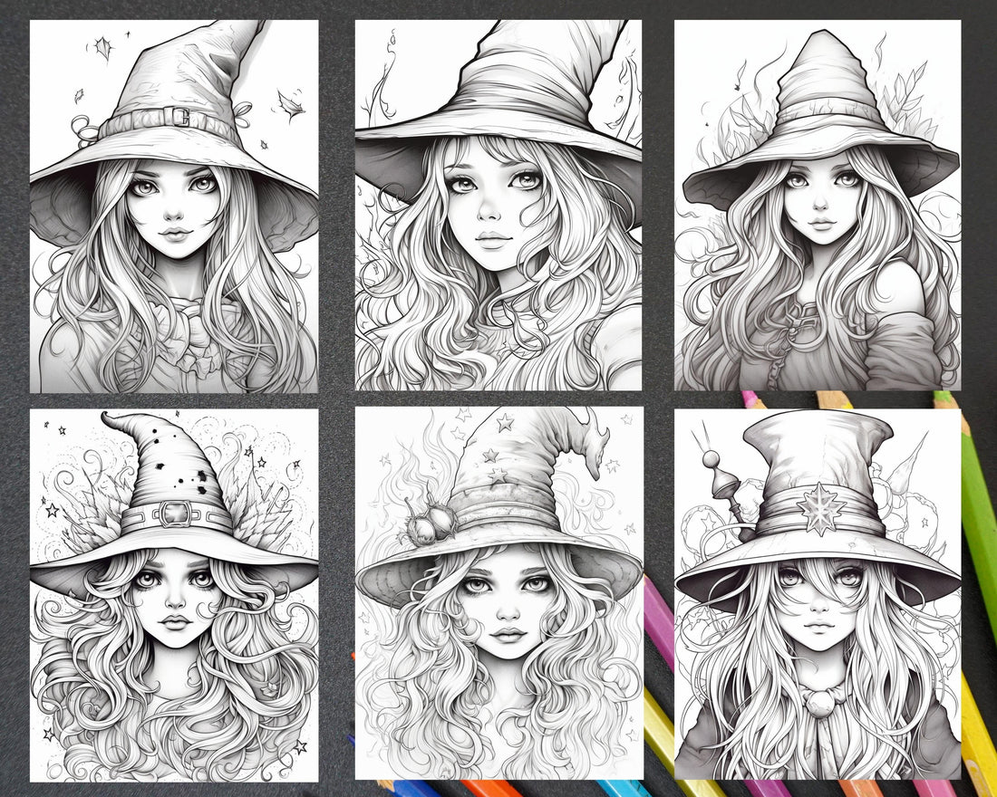 40 Cute Witches Coloring Pages Printable for Adults, Grayscale Colorin