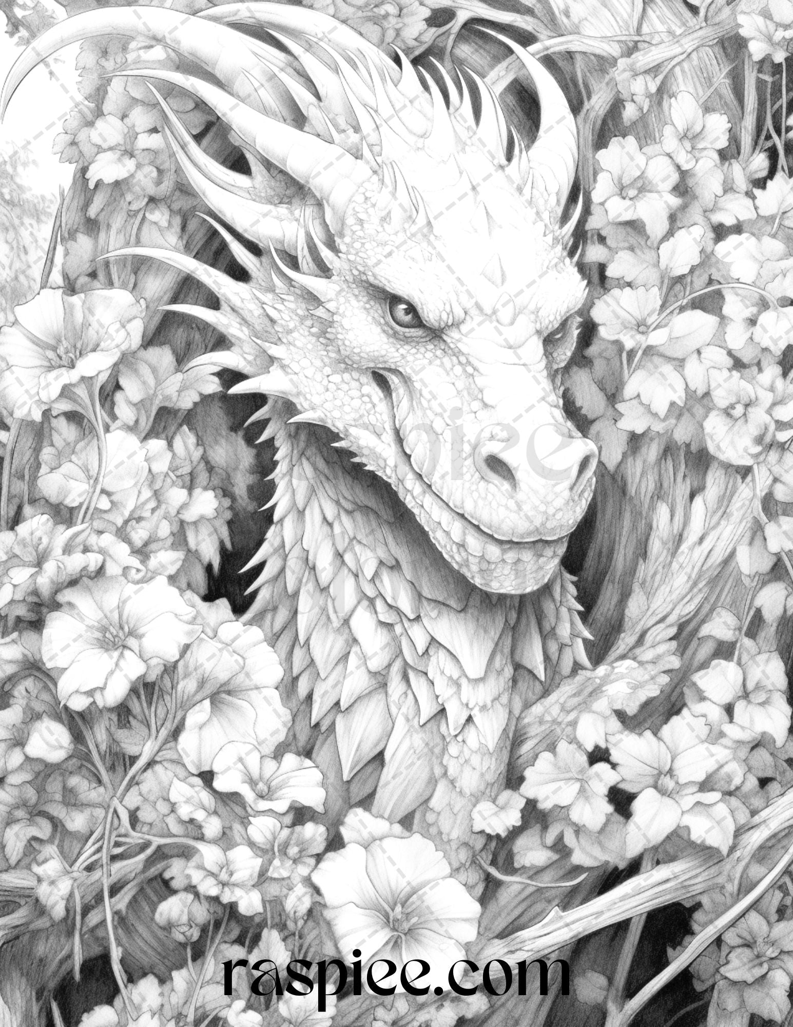 Grayscale flower dragon coloring page for adults, Detailed printable coloring page for relaxation, Intricate grayscale artwork of a floral dragon