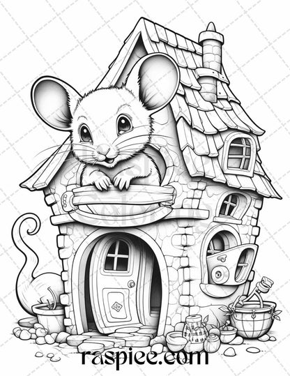 Magical Mouse Houses Grayscale Coloring Pages Printable for Adults, Animal Coloring Pages for Adults, Cute Mouse Coloring Pages