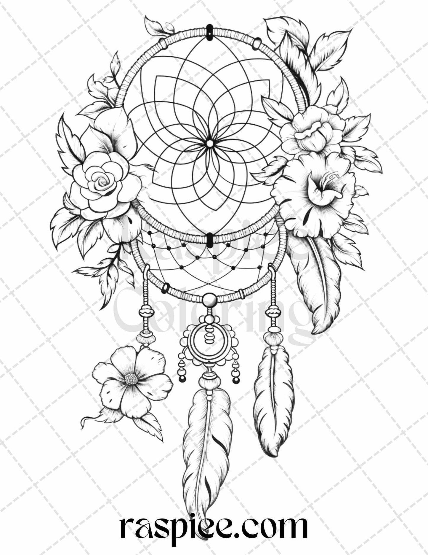 Flower Dreamcatcher Grayscale Coloring Pages Printable for Adults, Relaxing Art Therapy, DIY Coloring, Instant Download, Stress Relief Coloring