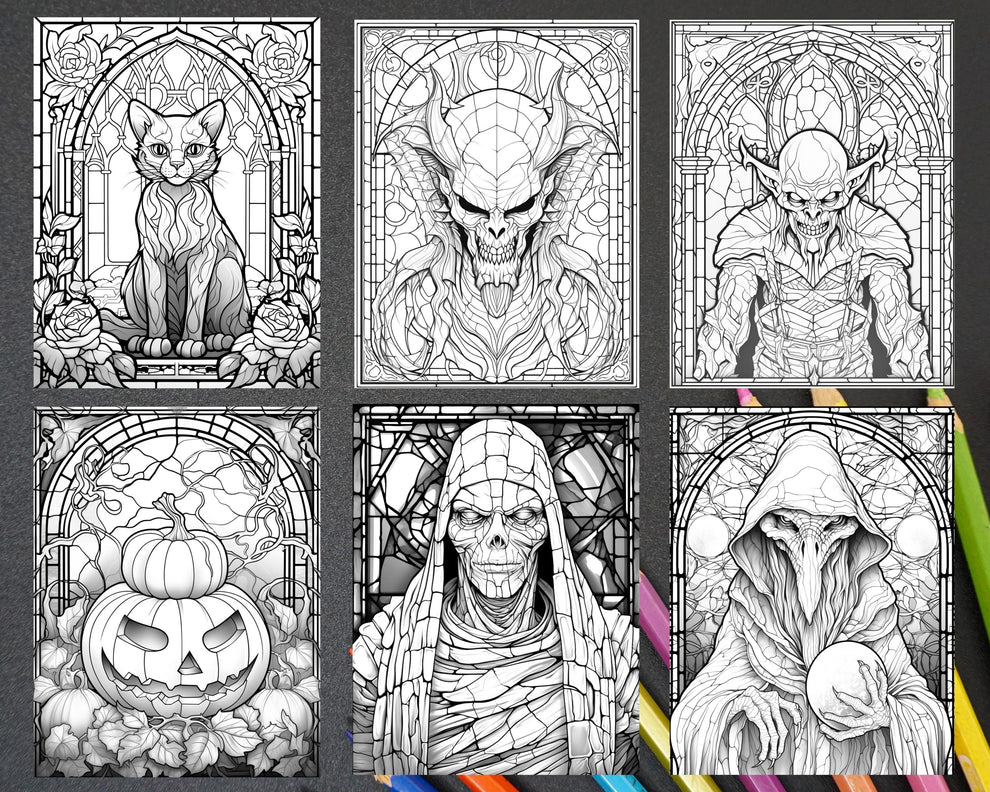 70 Halloween Stained Glass Grayscale Coloring Pages Printable for Adul