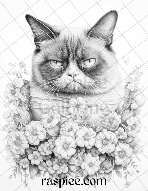 50 Grumpy Cat Grayscale Coloring Pages Printable for Adults, PDF File