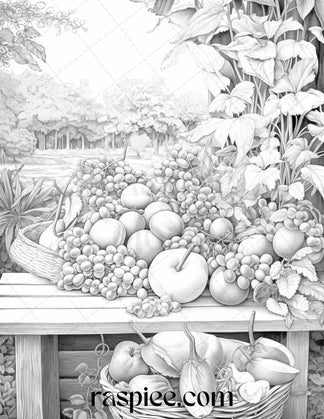 Relaxing Fruit Garden Grayscale Coloring Pages Printable for Adults, P – Raspiee Coloring