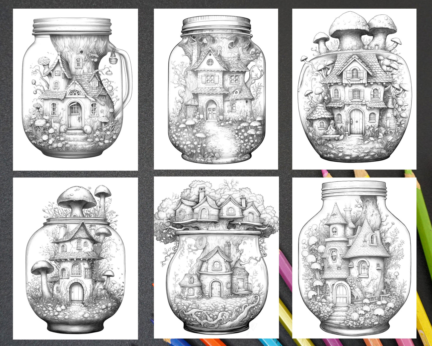 Fairy House in Jar Grayscale Coloring Pages Printable, Adult Coloring Activity, Black and White Coloring Sheets, Intricate Line Art, Fairy Garden Illustrations