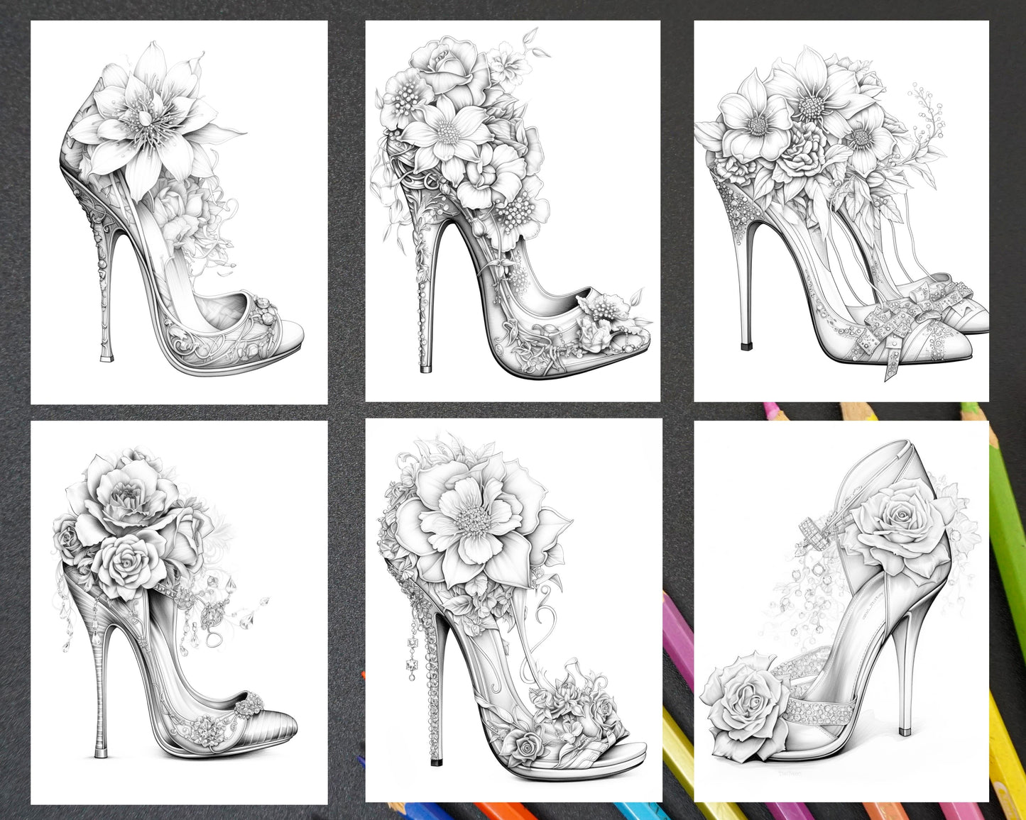 Wedding Flower Shoes Grayscale Coloring Page, Printable Adult Coloring Sheet, Floral Shoe Coloring Illustration, Wedding Coloring Book Artwork, Grayscale Flower Design Image