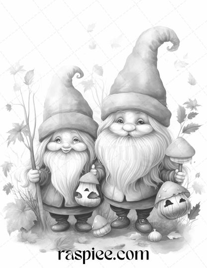 Fall Gnomes Grayscale Coloring Pages, Printable Coloring Sheets for Adults and Kids, Autumn Theme Coloring Fun, Whimsical Characters Coloring, Seasonal Decor DIY Crafts