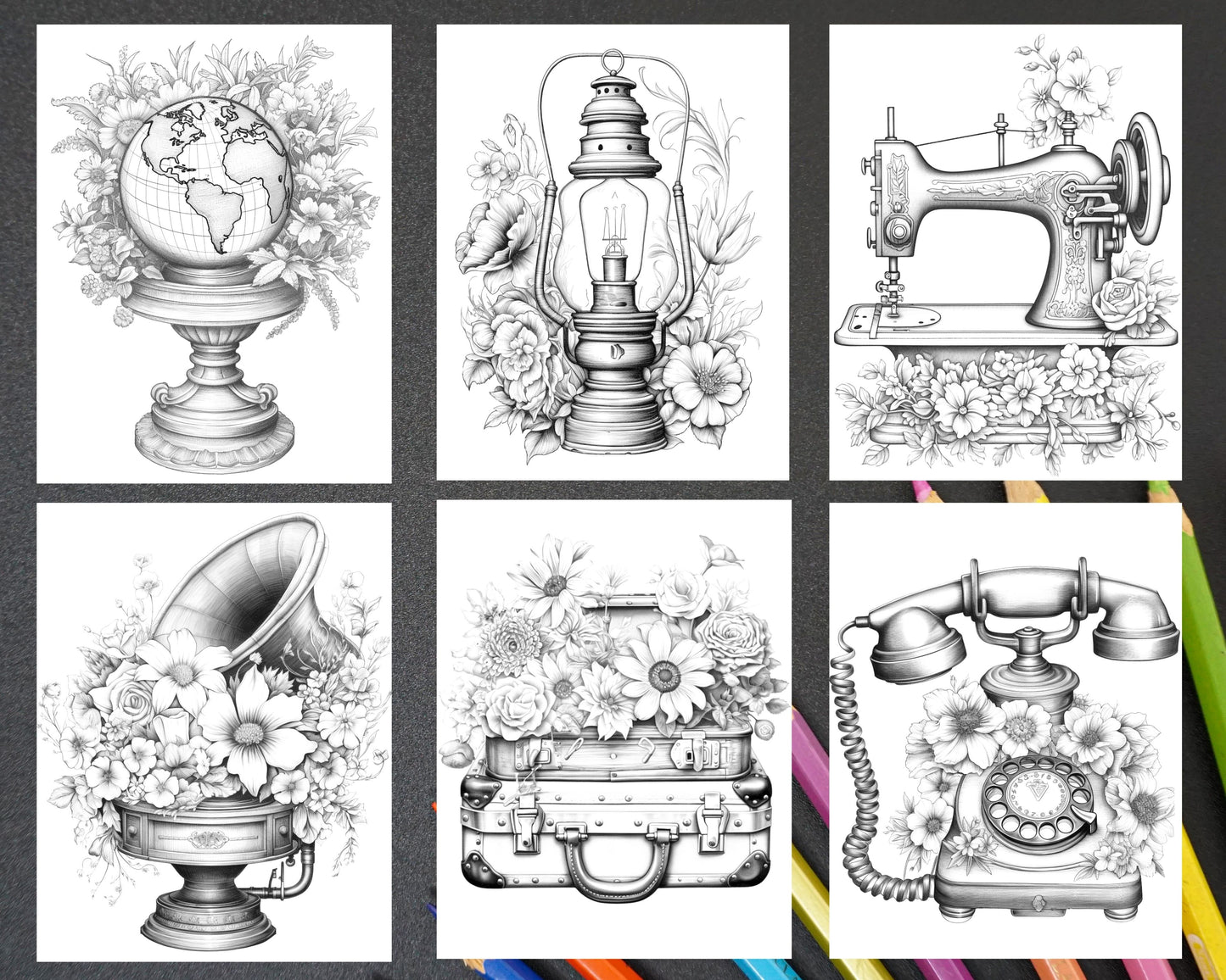 Vintage Objects Grayscale Coloring Pages Printable for Adults, Printable Grayscale Coloring Pages for Adults, Vintage Objects Coloring Book for Adults, High-Quality Grayscale Designs for Coloring, Vintage Illustrations for Adult Coloring