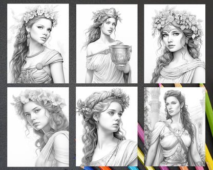 Ancient Greece Women Coloring Page, Historical Coloring Sheet, Vintage Greek Portraits Coloring Pages, Adult Coloring Book Page, Women Portrait Coloring Pages, Grayscale Coloring Pages