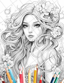 35 Beautiful Printable Elf Girls Coloring Book For Adults, Grayscale C 