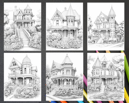 Victorian Houses Grayscale Coloring Pages, Printable Coloring Pages for Adults, Vintage Victorian Architecture Coloring Book, Intricate Black and White Coloring Pages, Stress-Relieving Victorian House Illustrations