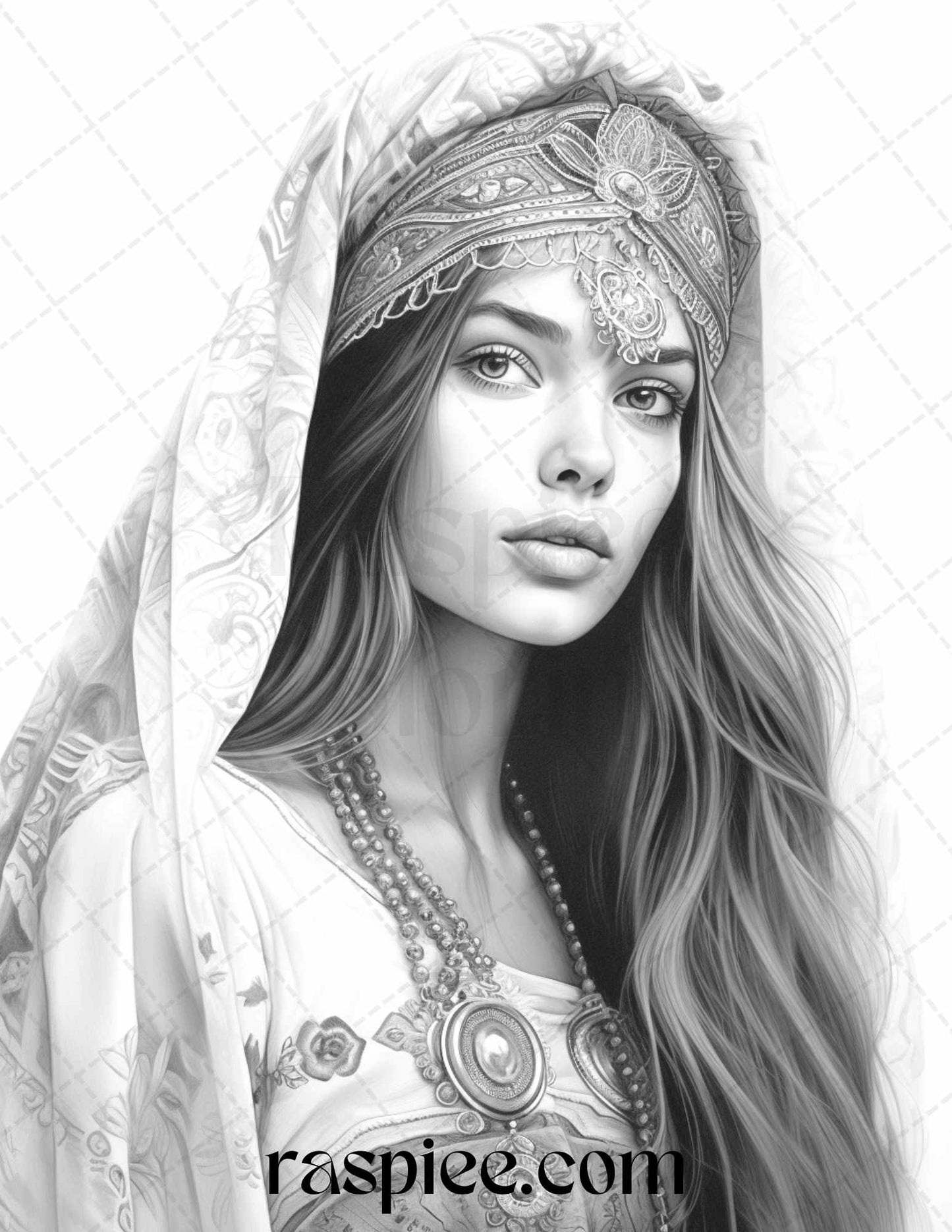 Gypsy Girls Grayscale Coloring Pages, Printable Adult Coloring Sheets, Artistic Stress Relief Coloring, Intricate DIY Coloring Pages, Portrait Coloring Pages for Adults