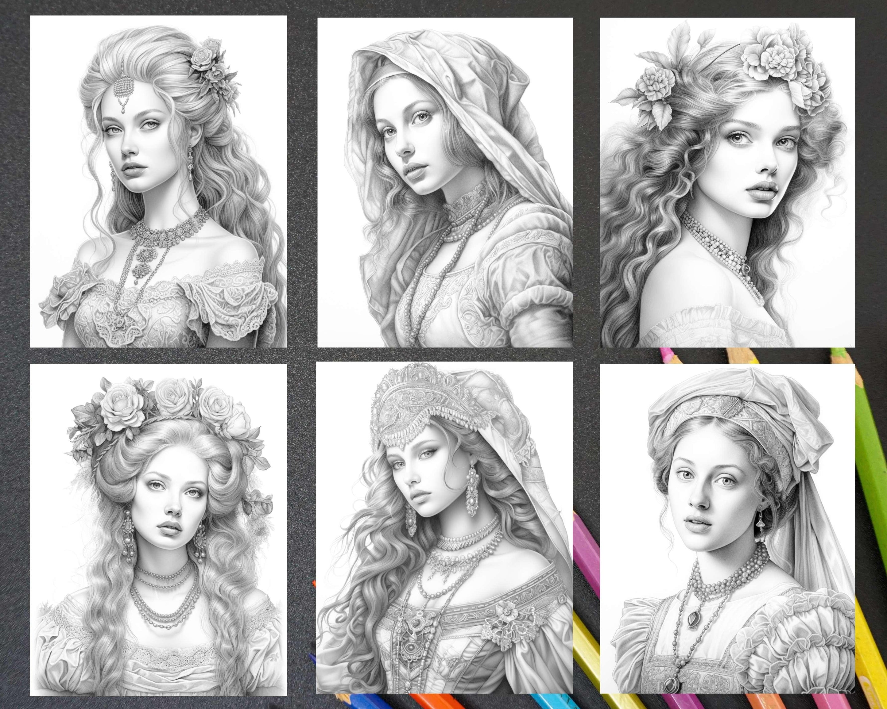 65 Renaissance Beauties Grayscale Coloring Pages For Adults, Printable 