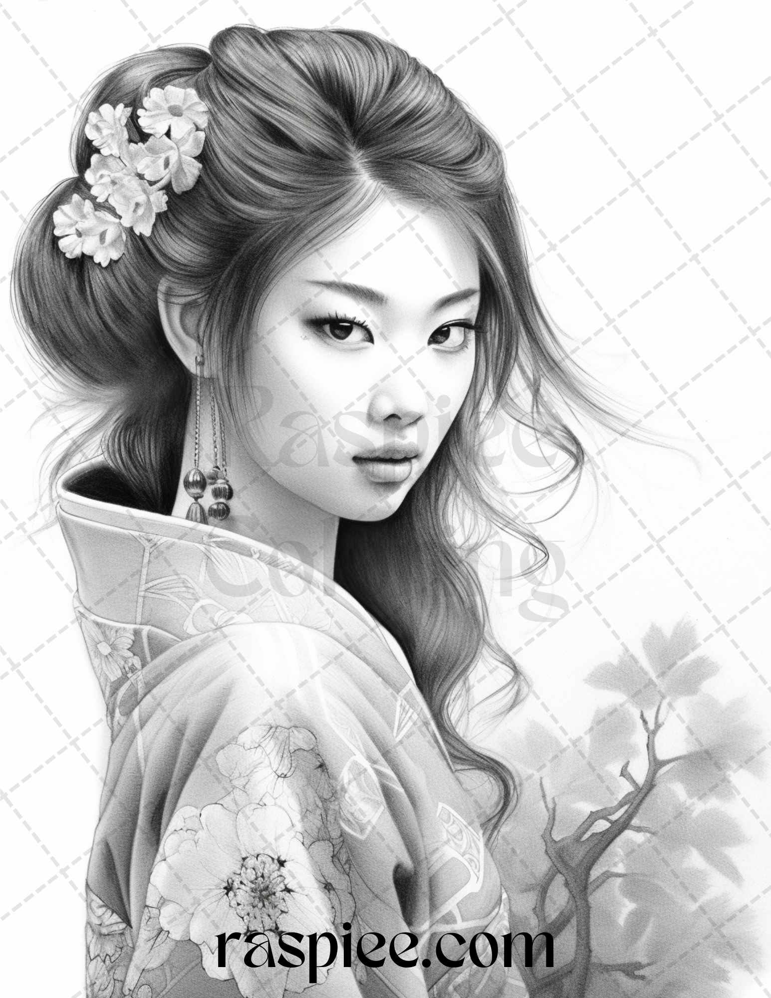 Japanese girls grayscale coloring pages, printable grayscale illustrations for adults, Japanese-inspired coloring book, grayscale coloring pages for relaxation, portrait coloring pages for adults