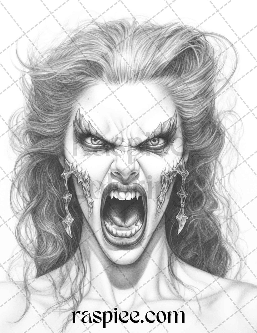 Bewitching Vampires Grayscale Coloring Pages Printable for Adults, PDF