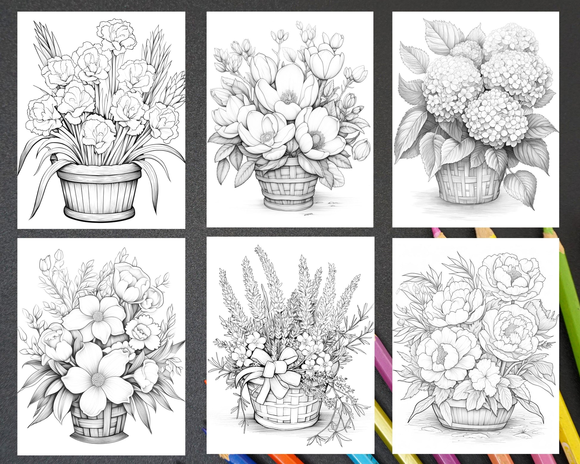 Flower baskets grayscale coloring pages, adult coloring, grayscale art, black and white coloring, printable coloring pages, stress relief, mindfulness, coloring therapy, grayscale illustrations