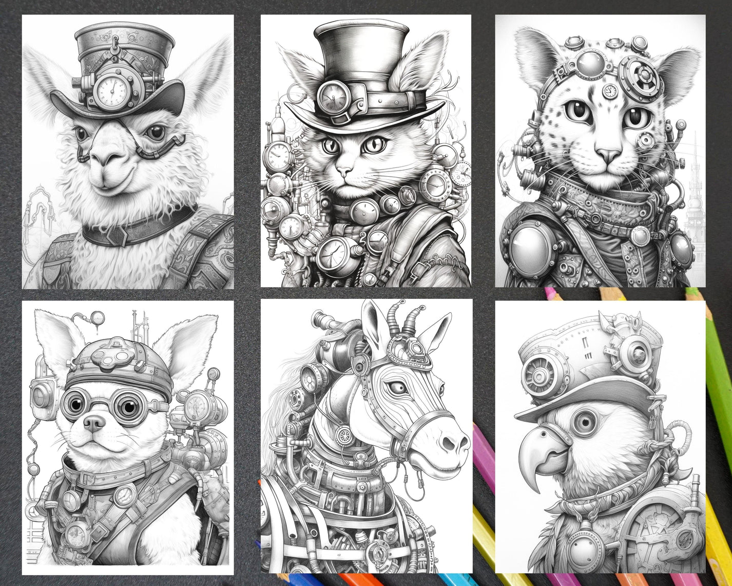 60 Steampunk Animals Grayscale Coloring Pages Printable for Adults, PD