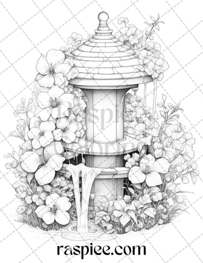 grayscale coloring pages, printable for adults, whimsical wishing wells, coloring book, stress relief, intricate designs