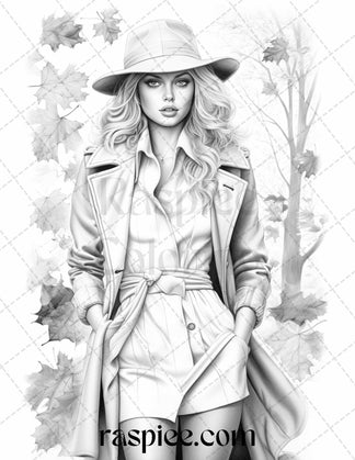 40 Fall Fashion Grayscale Coloring Pages for Adults, Printable PDF Fil ...