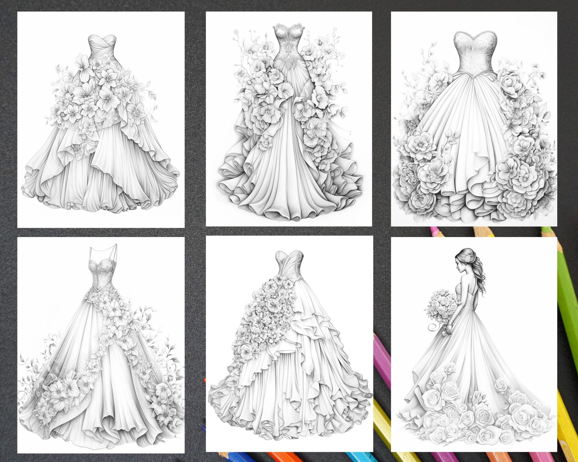 40 Elegant Floral Wedding Dresses Grayscale Coloring Pages Printable f RASPIEE 40 Elegant Floral Wedding Dresses Grayscale Coloring Pages Printable f RASPIEE