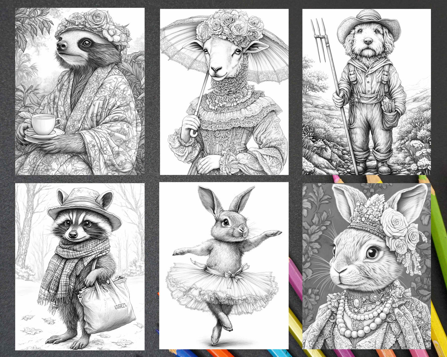 96 Animals Dressed Up Adult Coloring Pages