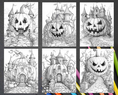 Fantasy Giant Pumpkin Castles Adult Coloring Pages Printable PDF Instant Download - RASPIEE