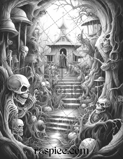 Halloween Nightmare Coloring Pages, Grayscale Adult Coloring Sheets, Printable Spooky Illustrations, Dark Fantasy Art Prints, Haunted House Drawings, Macabre Halloween Images, Creepy Witchcraft Coloring, Ghosts and Ghouls Pages, Hallowen Coloring Pages for Adults, Halloween Grayscale Coloring Pages