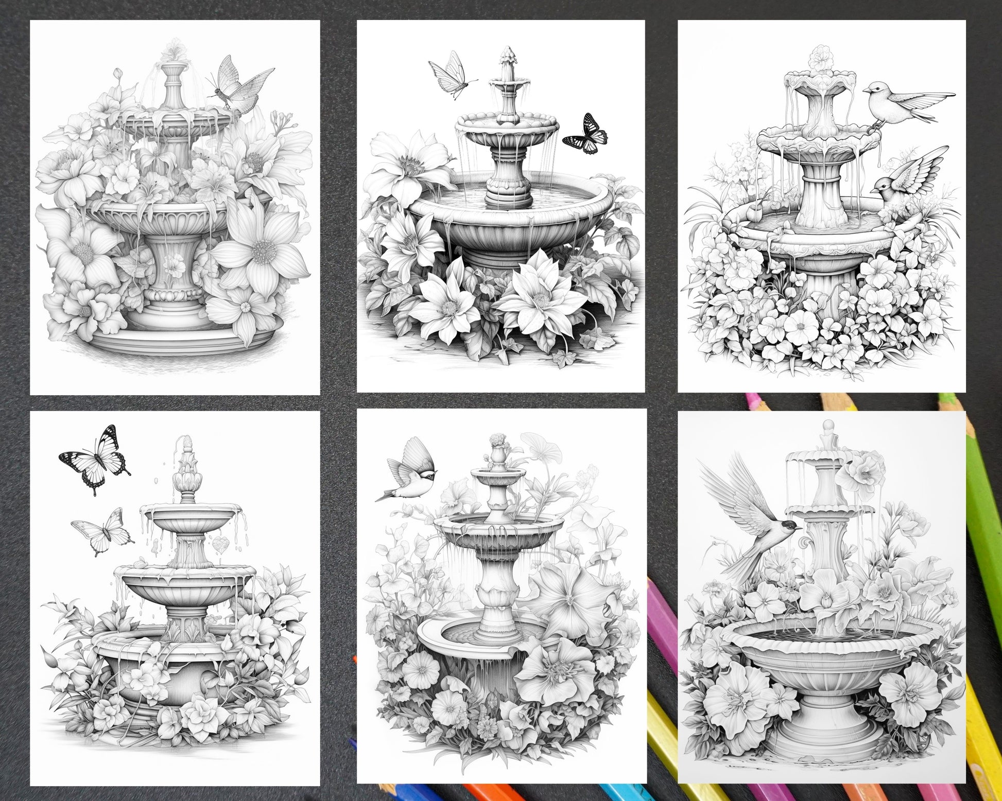 blooming fountains grayscale coloring pages, printable coloring pages for adults, stress relief art, grayscale fountain drawings