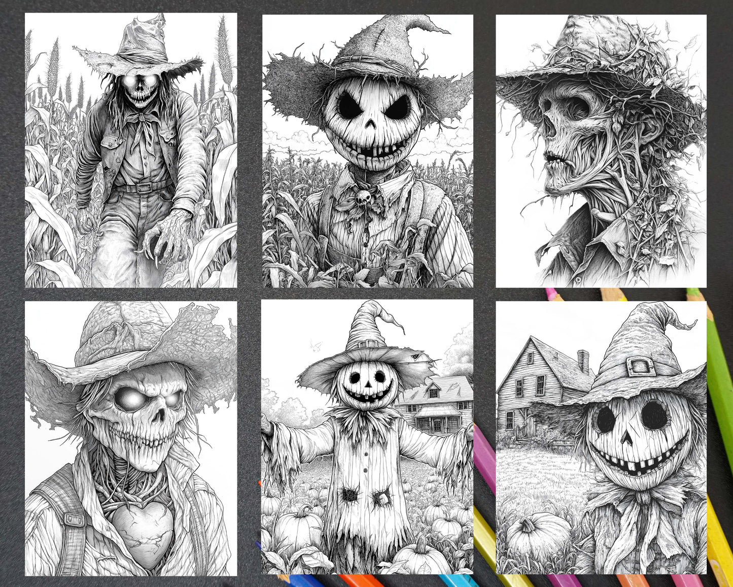 Horror Scarecrow Halloween Adult Coloring Pages Printable PDF Instant Download