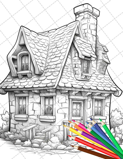 40 Stone Cottage Houses Grayscale Coloring Pages Printable for Adults, PDF File Instant Download - raspiee