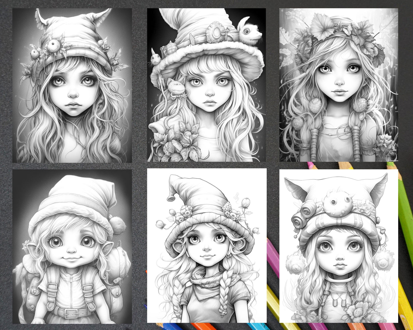 Adorable Gnome Girls Grayscale Coloring Pages, Printable Coloring Sheets, Coloring Book Illustrations, Gnome Art for Adults and Kids