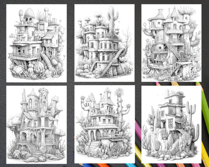 Fantasy Cactus House Coloring Page, Grayscale Printable Art for Adults