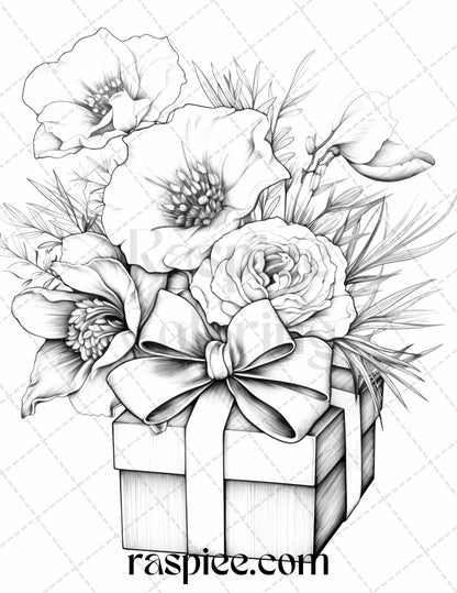 Flower Gift Box Grayscale Coloring Pages for Adults, Printable Coloring Pages for Kids and Adults, Relaxing Art Therapy Coloring Sheets, Flower Design Coloring Pages for Stress Relief, Grayscale Floral Coloring Book Images