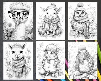 Fall animals grayscale coloring page, Adult and kids printable coloring, Cute animal illustrations, Seasonal coloring sheets, DIY autumn coloring, Relaxing coloring activity, High-quality grayscale prints, Creative therapy art, Stress relief coloring, Seasonal decorations coloring