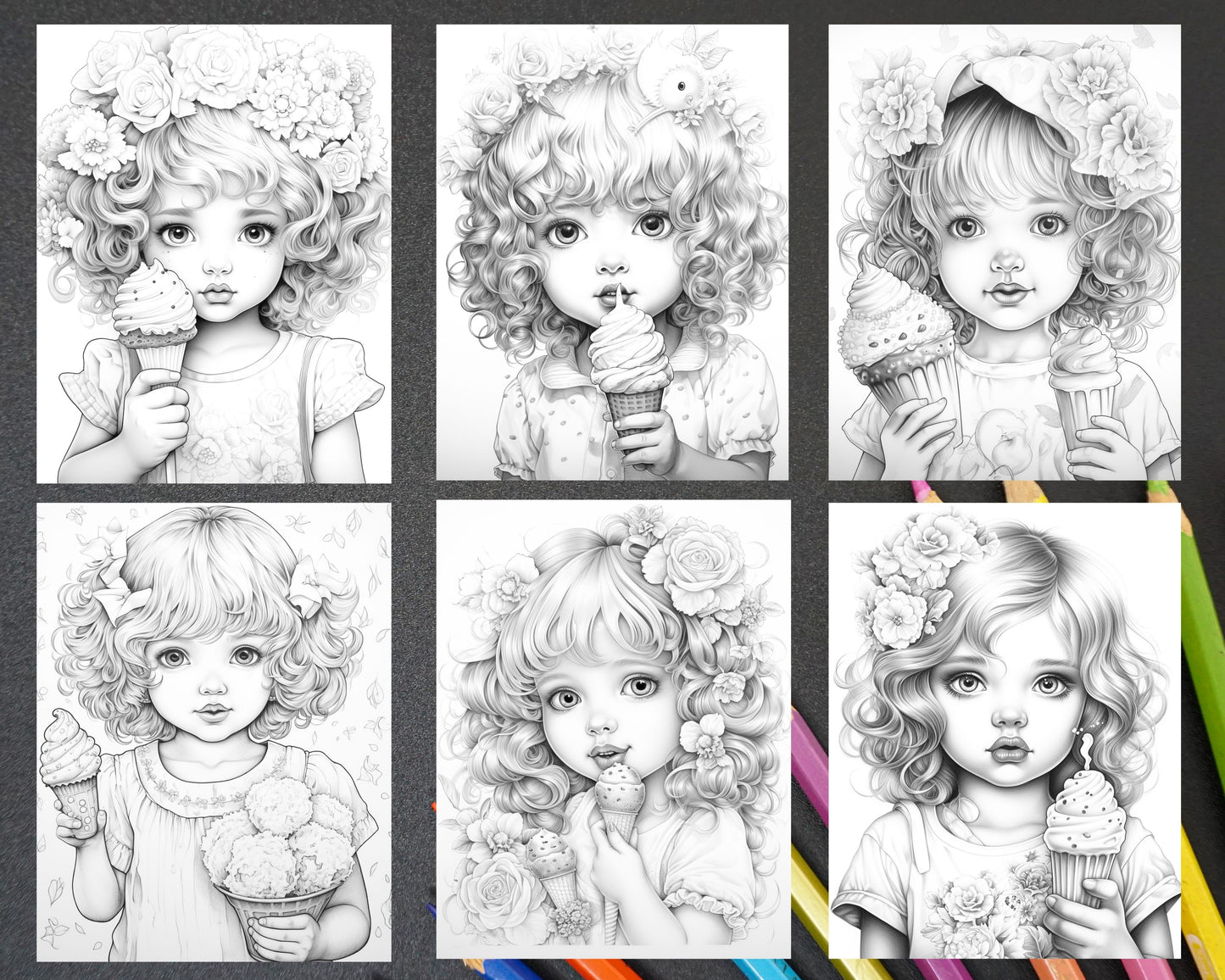 Girls with Ice Cream Coloring Pages, Printable Grayscale Coloring Pages, Adorable Coloring Pages for Adults and Kids, Ice Cream Themed Grayscale Images, Cute Girls Coloring Pages