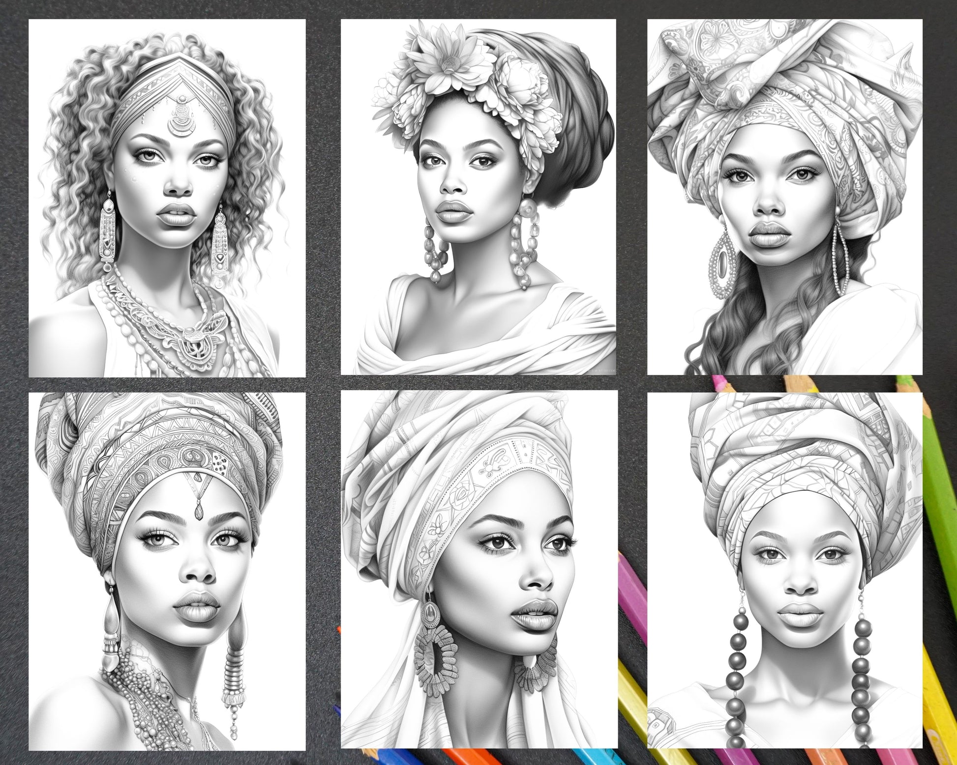 African women grayscale coloring pages, printable grayscale coloring pages, adult coloring pages, African women art, African women illustrations, portrait coloring pages for adults