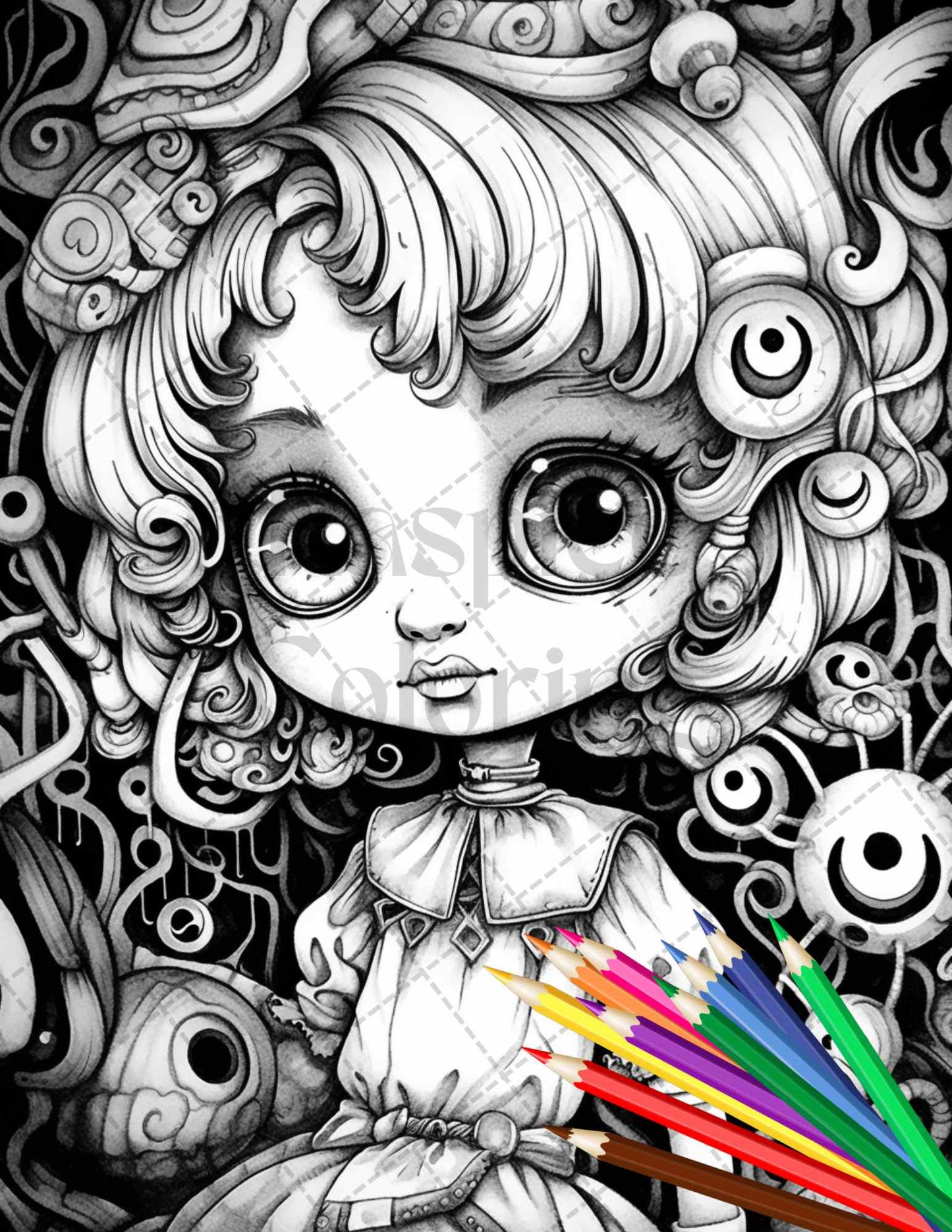 Ghoulish Girls Grayscale Coloring Pages, Adult Halloween Coloring Printable, Spooky Gothic Coloring Book, Witchcraft and Ghostly Art Prints, Dark Fantasy Coloring Sheets