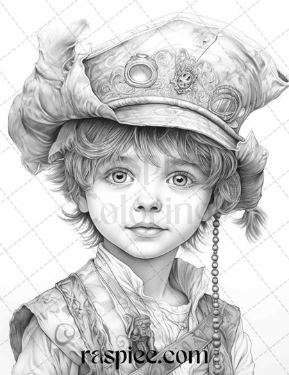 Adorable Pirates Grayscale Coloring Pages, Printable Coloring Pages for Adults, Pirate Theme Coloring Pages for Adults, Portrait Coloring Pages for Adults