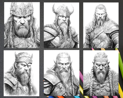 Viking warriors grayscale coloring page, Adult coloring printable of Viking art, Grayscale coloring image for stress relief, Mythical Nordic warriors coloring sheet, Detailed grayscale coloring design, Instant download Viking coloring page, Creative stress relief coloring sheet, Intricate grayscale art for coloring