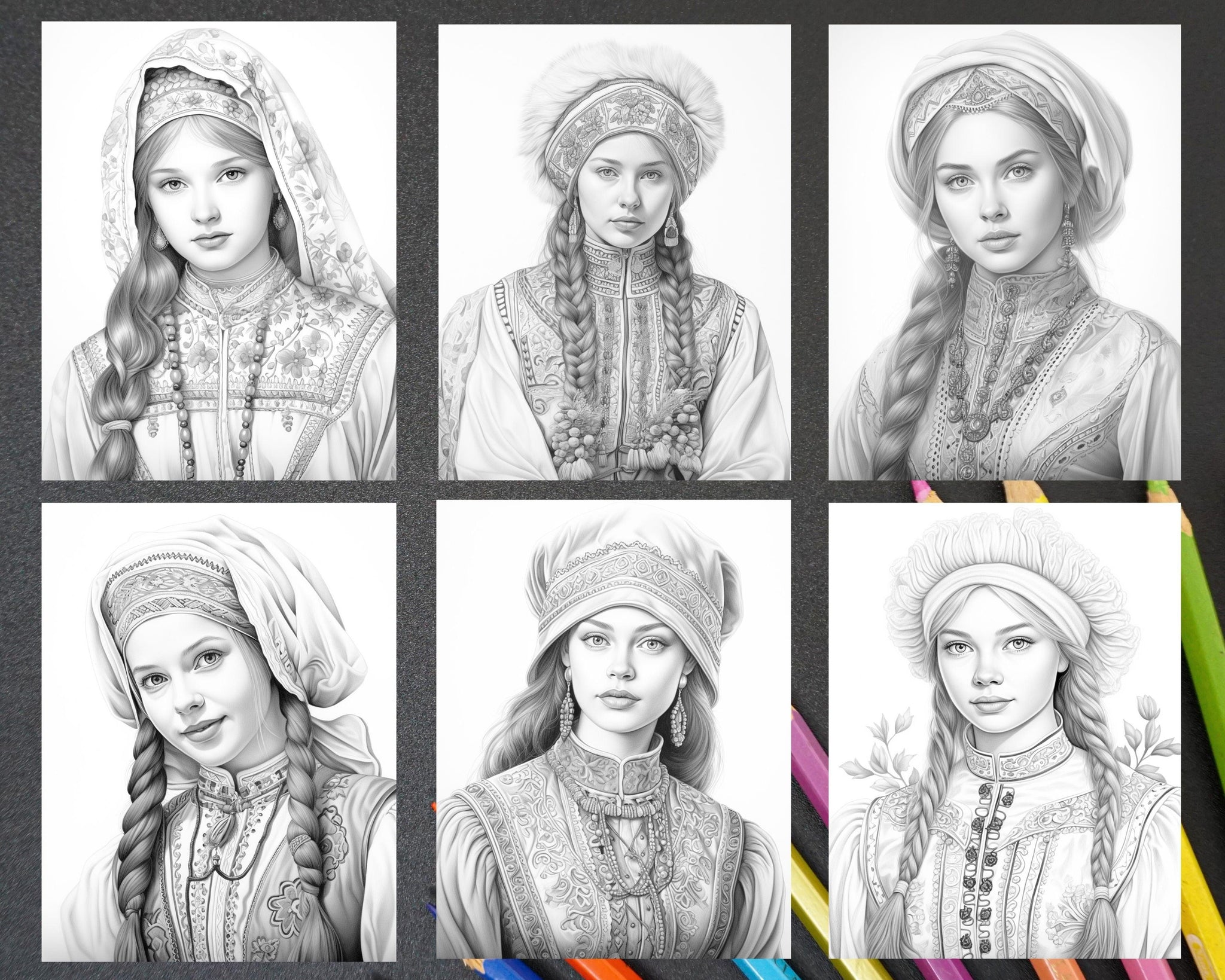 60 Traditional Russian Girls Grayscale Adult Coloring Pages, Printable ...