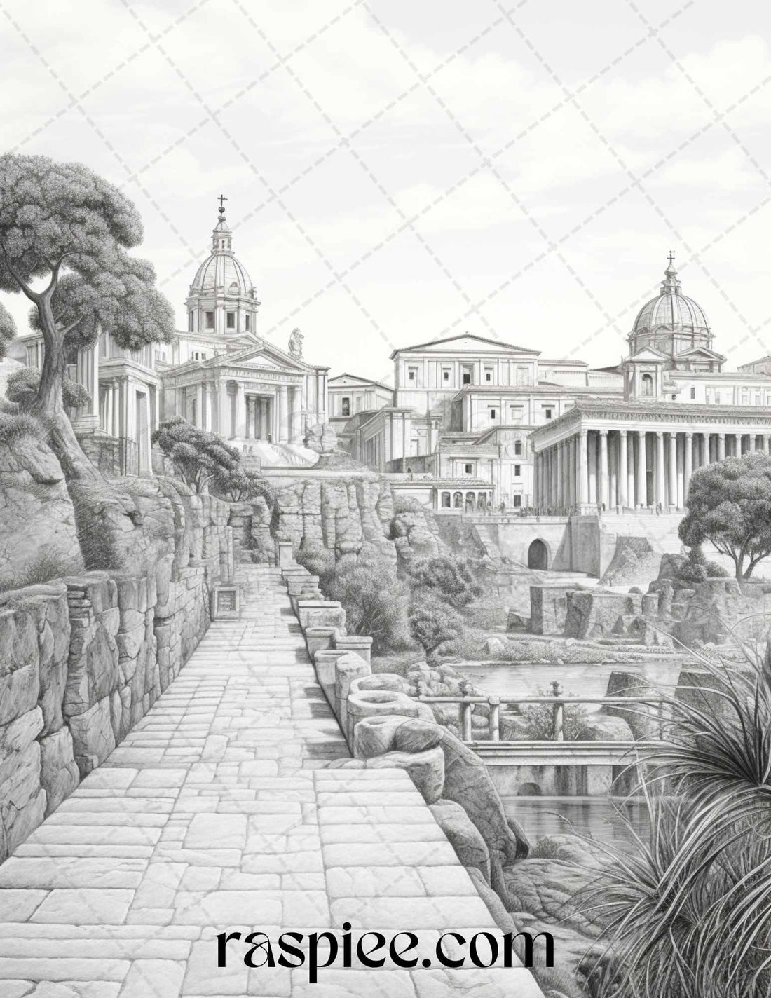 Roman Architecture Grayscale Coloring Pages Printable for Adults, PDF