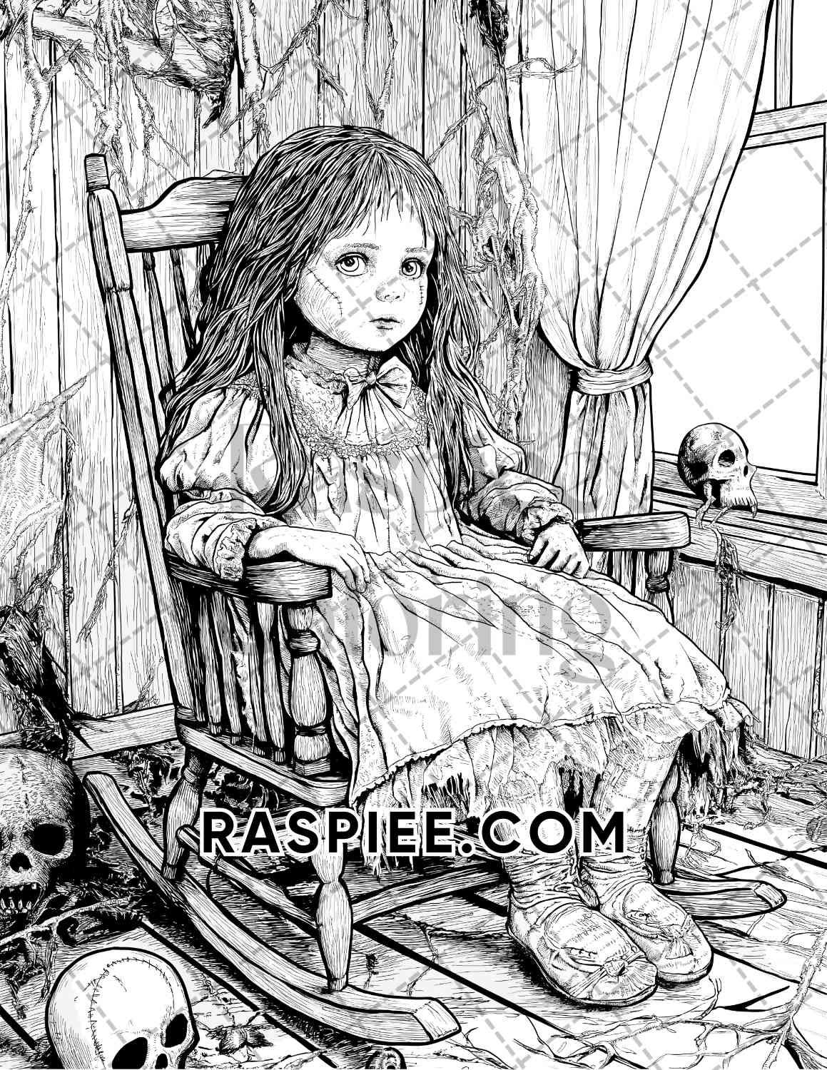 Haunted Dolls Halloween Horror Adult Coloring Pages Printable PDF Instant Download - RASPIEE