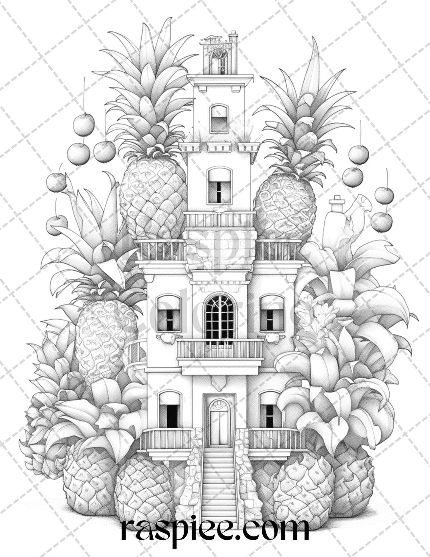 grayscale coloring pages, printable for adults, pineapple houses, adult coloring, grayscale art