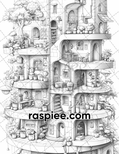 adult coloring pages, adult coloring sheets, adult coloring book pdf, adult coloring book printable, grayscale coloring pages, grayscale coloring books, Isometric House coloring pages for adults, Isometric House coloring book, grayscale illustration