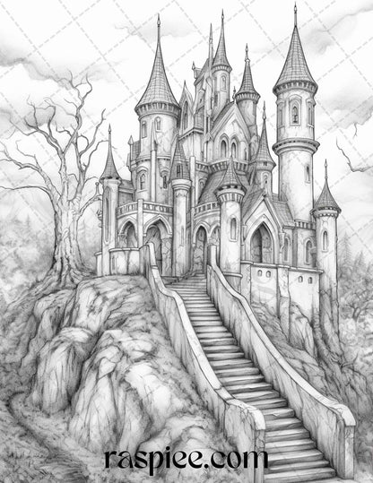 haunted castles coloring pages, grayscale printable for adults, Halloween coloring book, spooky art, ghostly designs, gothic illustrations
