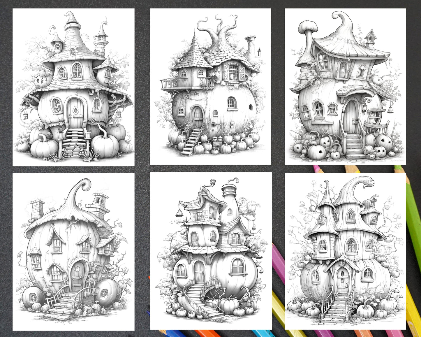 Pumpkin Fairy Houses Grayscale Coloring Pages Printable, Adult Coloring Book Autumn Theme, Halloween Coloring Sheets for Adults