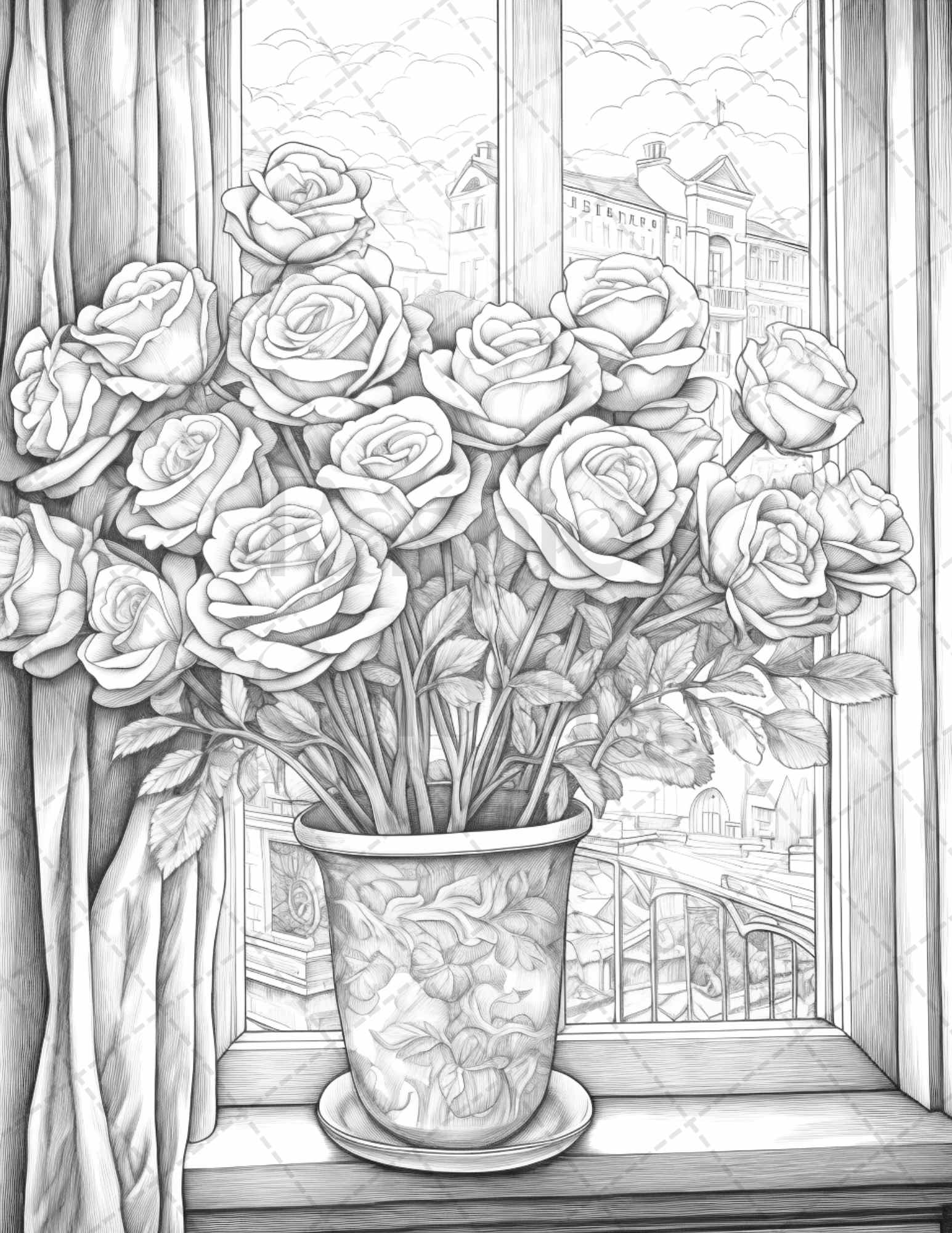grayscale coloring page with captivating roses, printable adult coloring page with roses in grayscale, rose drawings for grayscale coloring, floral grayscale coloring sheet for adults, high-quality grayscale art with rose patterns