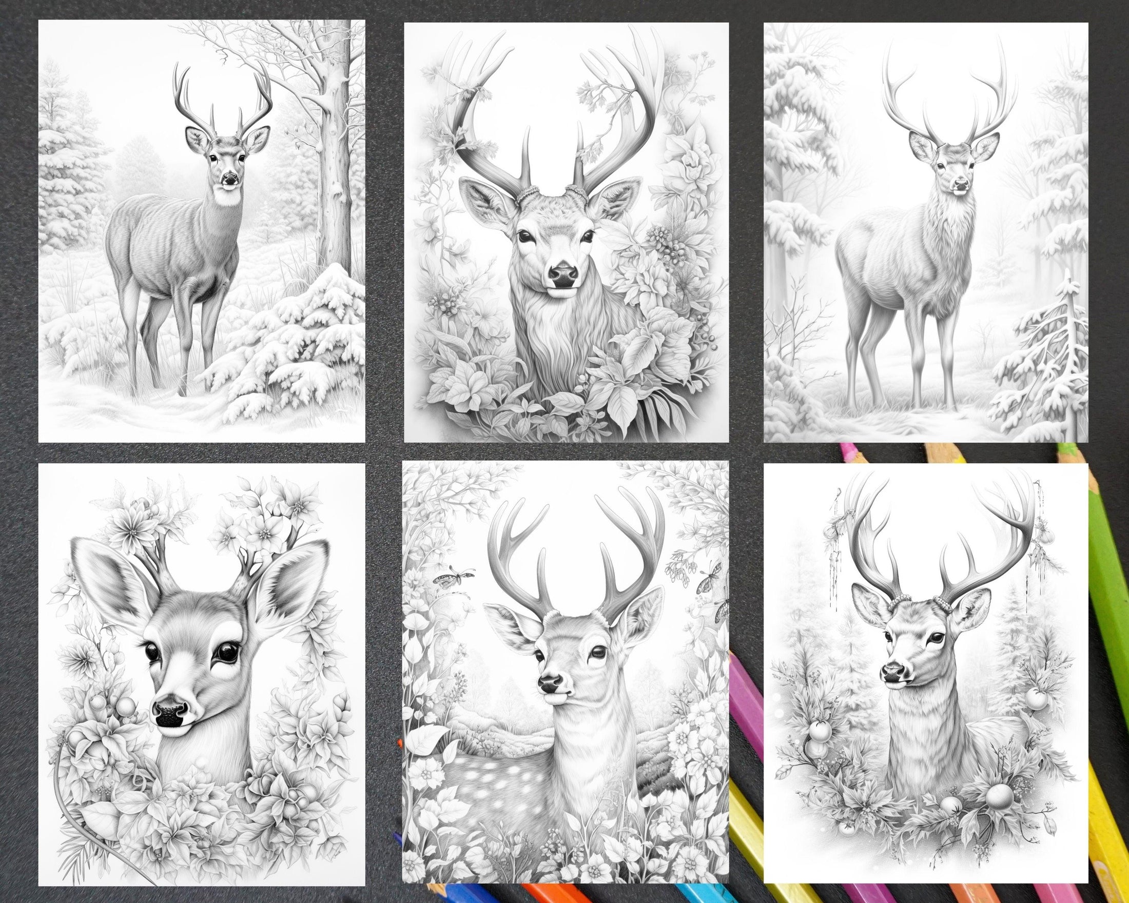 50 Christmas Deer Grayscale Coloring Pages for Adults, Printable PDF I ...