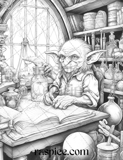 fantasy goblins grayscale coloring pages, grayscale coloring pages printable for adults, detailed artwork, unique fantasy art, printable coloring pages, stress relief coloring, therapeutic art, digital download, grayscale technique, intricate designs, adult coloring, printable goblin art, black and white coloring, fantasy art, coloring book for adults