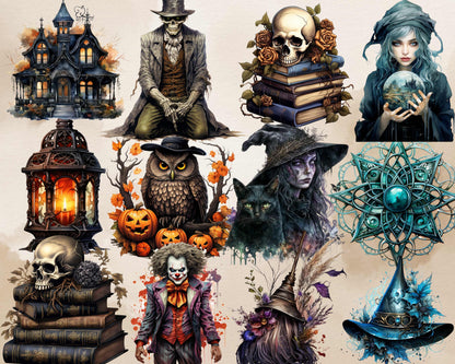 Halloween Gothic Clipart, Watercolor Halloween Illustrations, Creepy Halloween Graphics, Spooky Digital Art, Gothic Halloween Decorations, Horror Illustration Bundle, Halloween DIY Craft Supplies, Witchy and Dark Art
