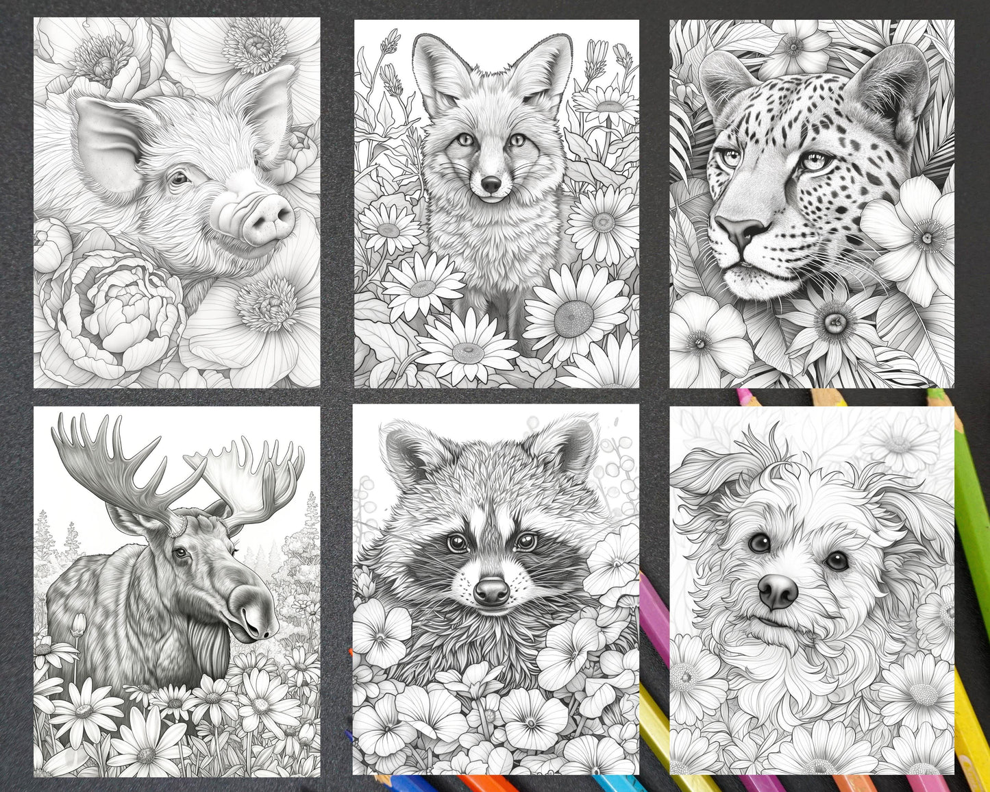 75 Animals in Flowers Grayscale Adult Coloring Pages Printable PDF Instant Download - RASPIEE